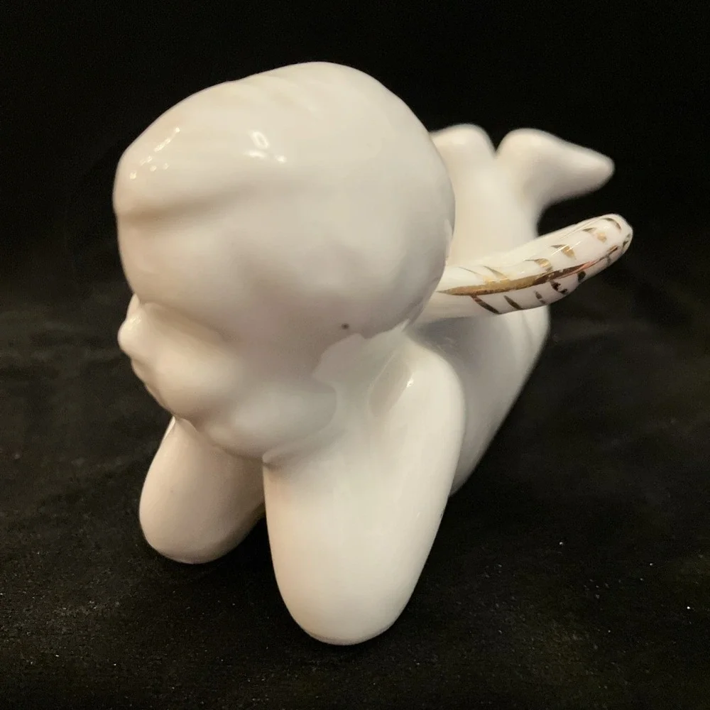 Vintage Milk White Ceramic Cherub Angel Figurine Gold Gilt Wings Precious Pose